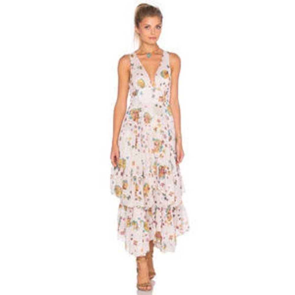 Free People Catching Glance Floral Midi Dress Sz 0 Tiered Ruffle
